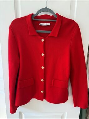 Zara Bright Red Knit Button Jacket with Gold Buttons